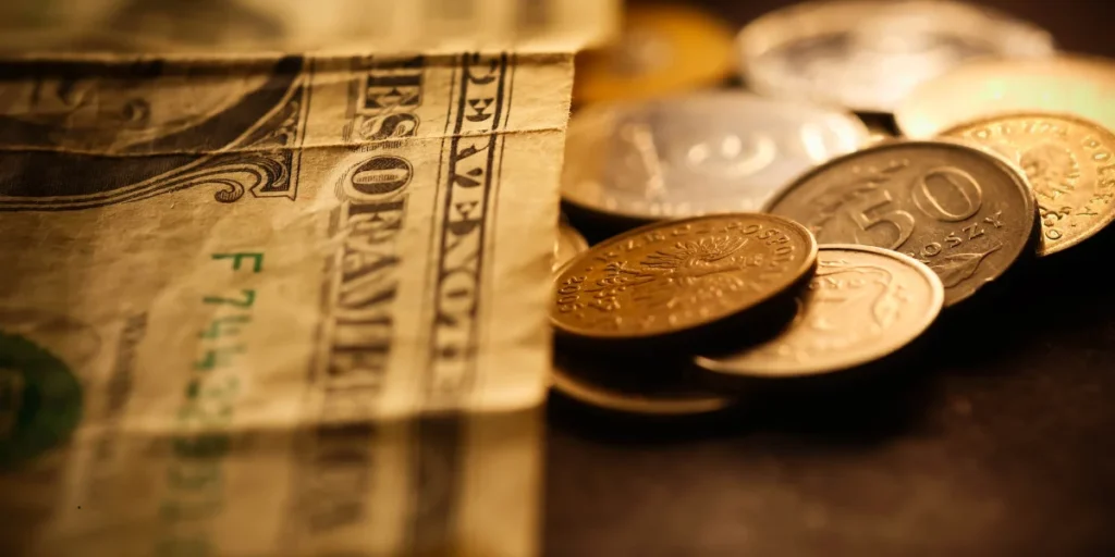 dollars and coins
